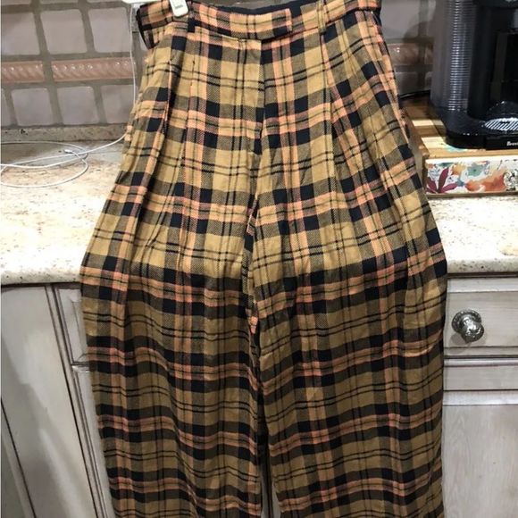 Free People Lyla Menswear Plaid Trouser Slouchy Wide Leg Olive Black Rose - Picture 2 of 5